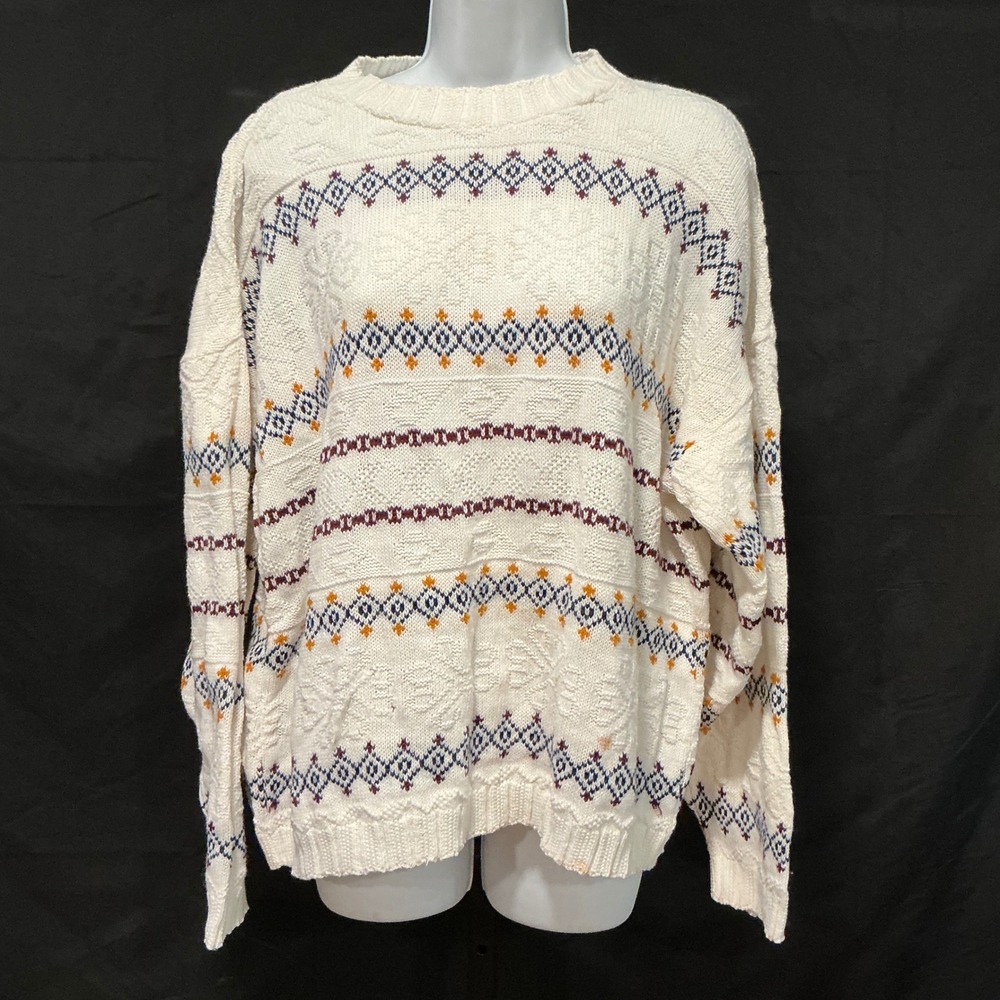 Arielle Cream Cable Knit Geometric Pattern Sweater Made in USA‎